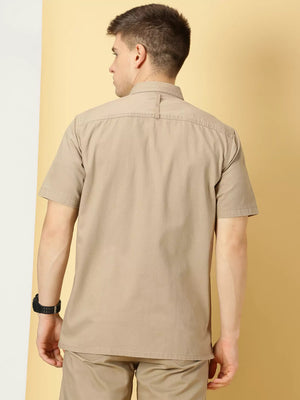 Khaki Standard Oversized Twill Weave Pure Cotton Casual Shirt For Men