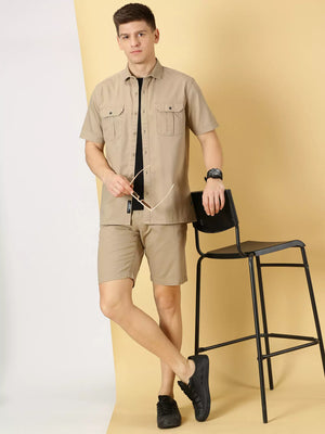 Khaki Standard Oversized Twill Weave Pure Cotton Casual Shirt For Men