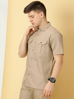 Khaki Standard Oversized Twill Weave Pure Cotton Casual Shirt For Men