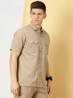 Khaki Standard Oversized Twill Weave Pure Cotton Casual Shirt For Men