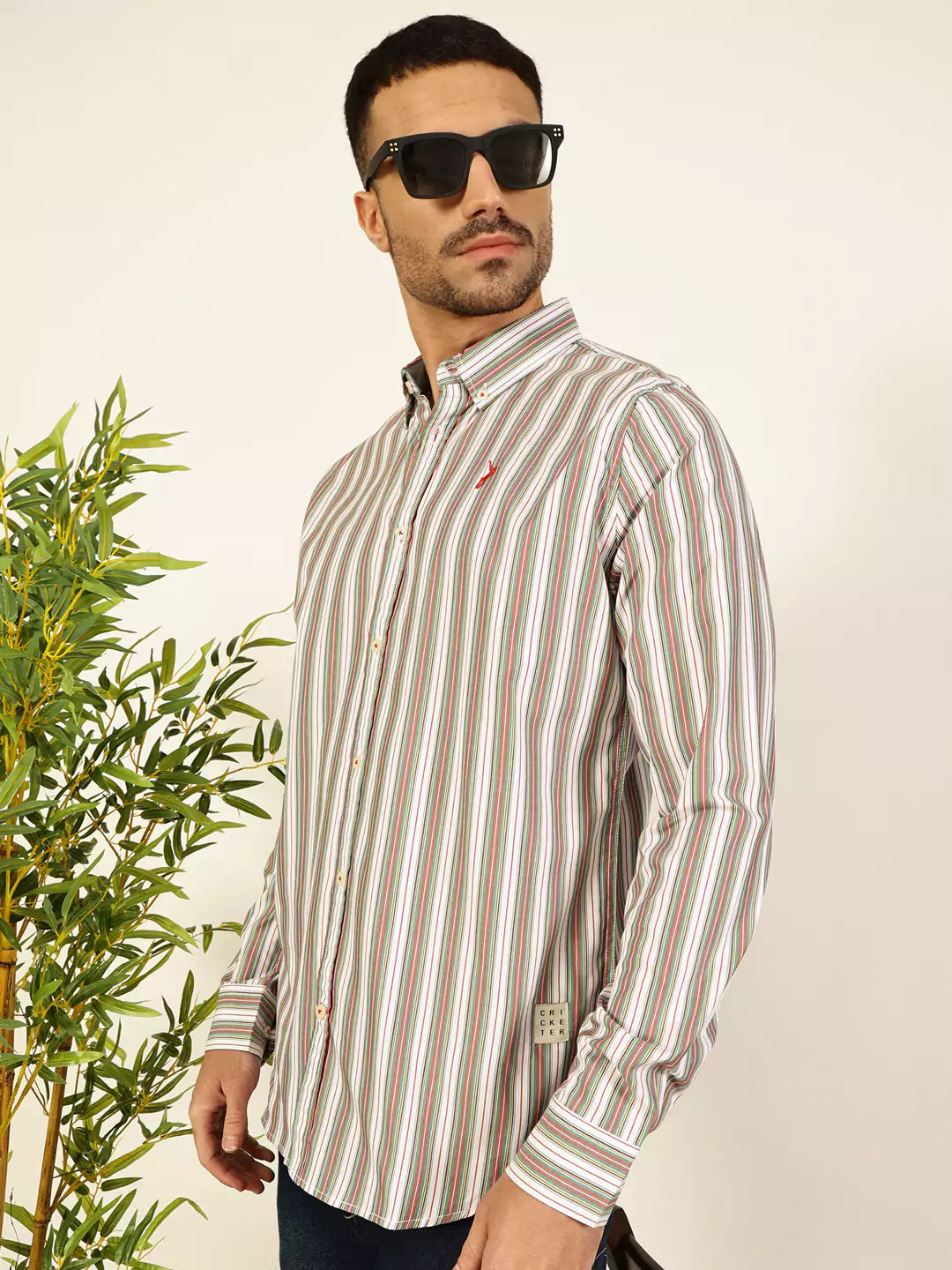 Thomas Scott Men Premium Spread Collar Multi Striped Cotton Slim Fit Casual Shirt