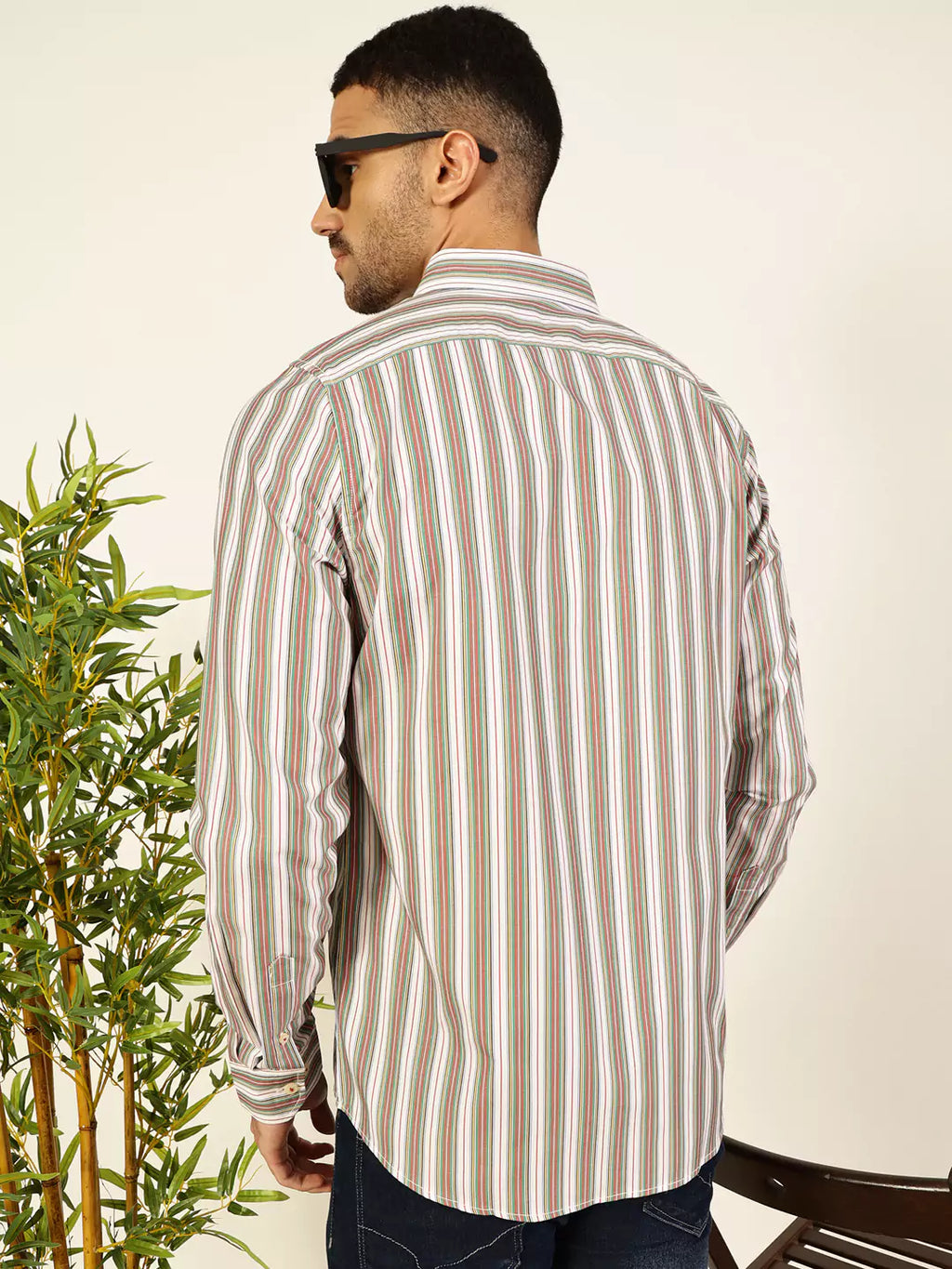 Thomas Scott Men Premium Spread Collar Multi Striped Cotton Slim Fit Casual Shirt