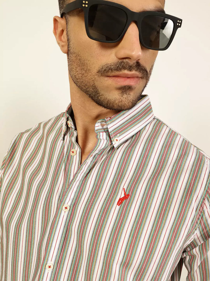Thomas Scott Men Premium Spread Collar Multi Striped Cotton Slim Fit Casual Shirt
