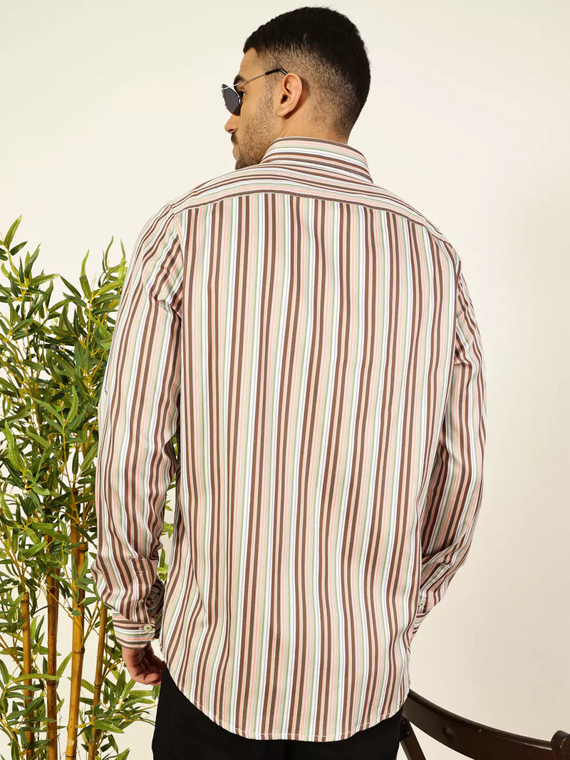 Thomas Scott Men Premium Spread Collar Multi Striped Cotton Slim Fit Casual Shirt