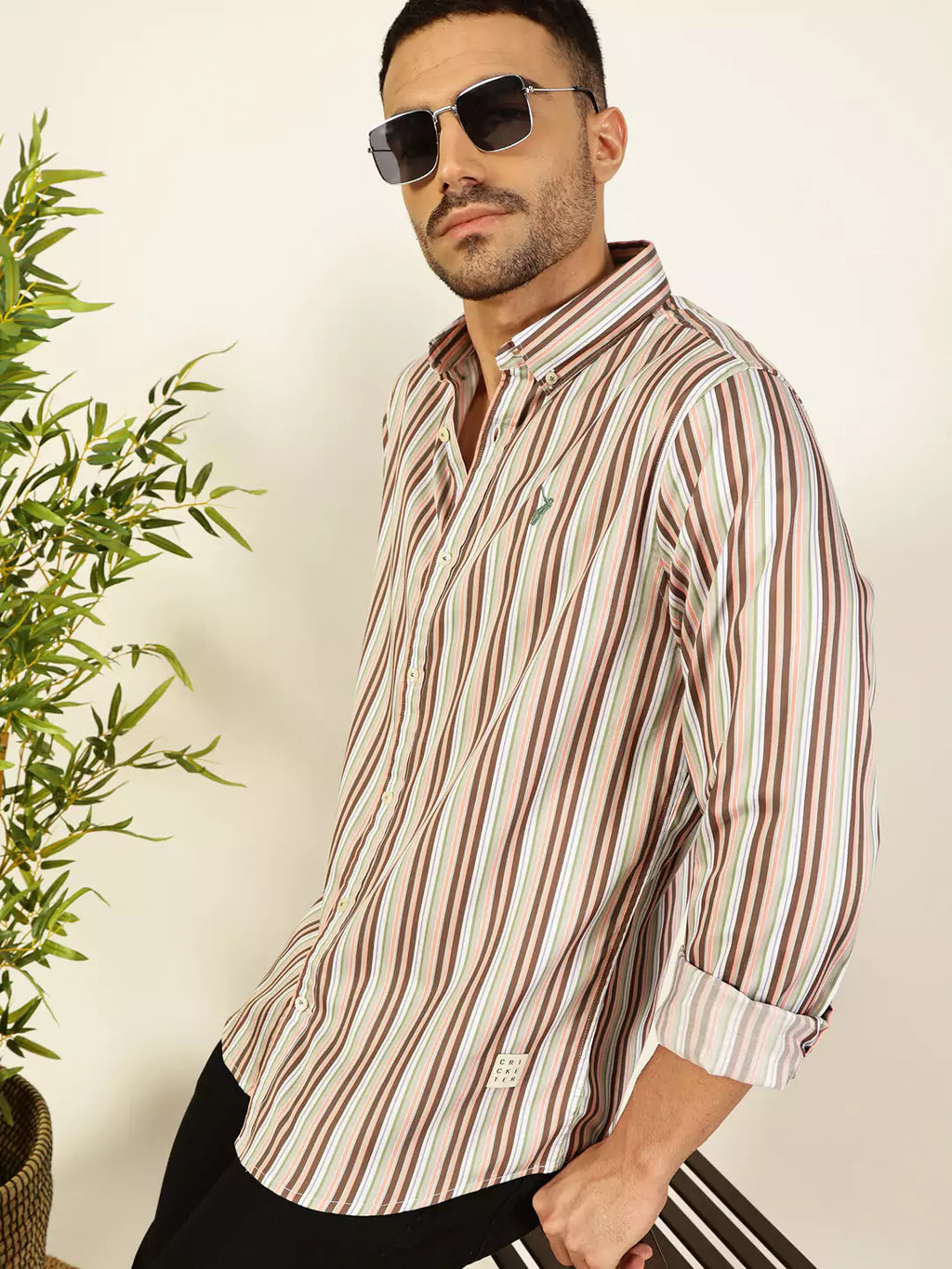 Thomas Scott Men Premium Spread Collar Multi Striped Cotton Slim Fit Casual Shirt