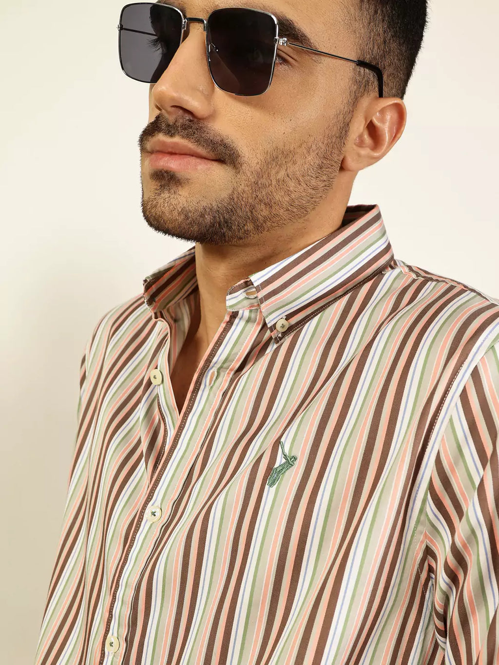 Thomas Scott Men Premium Spread Collar Multi Striped Cotton Slim Fit Casual Shirt