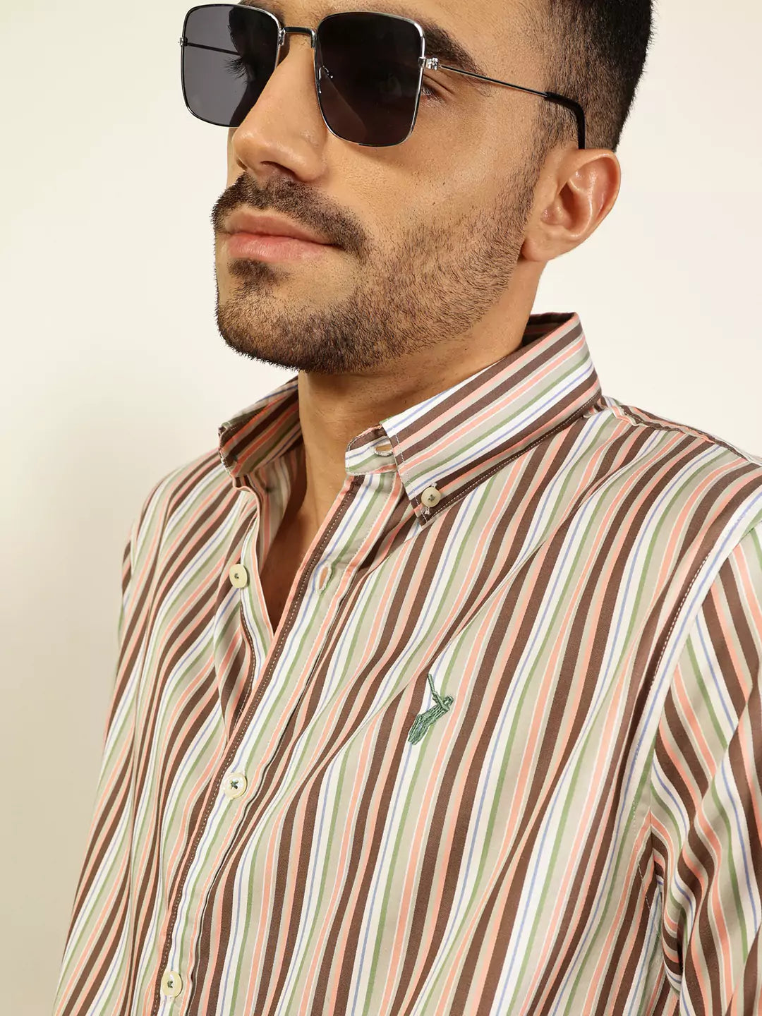 Thomas Scott Men Premium Spread Collar Multi Striped Cotton Slim Fit Casual Shirt