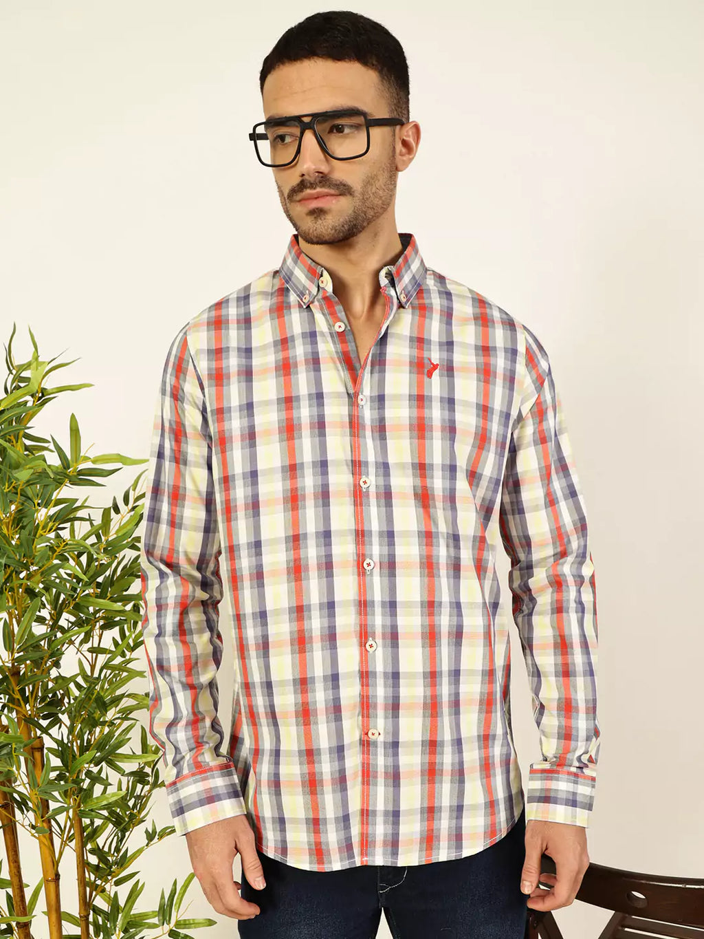 Thomas Scott Men Premium Spread Collar Tartan Checked Cotton Slim Fit Casual Shirt