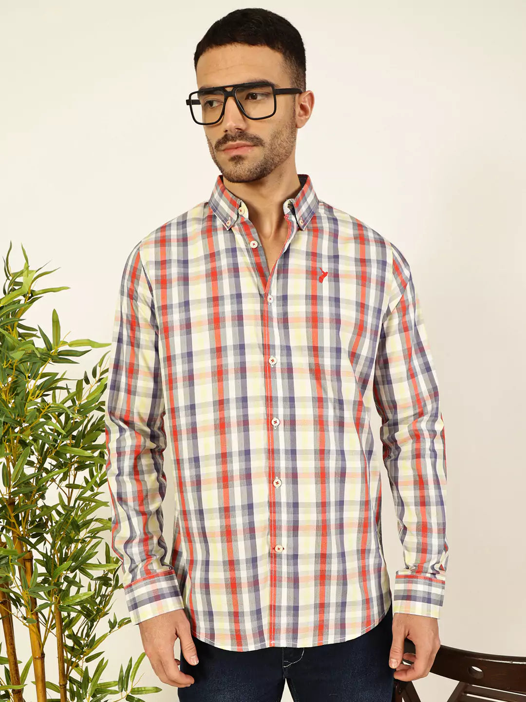 Thomas Scott Men Premium Spread Collar Tartan Checked Cotton Slim Fit Casual Shirt