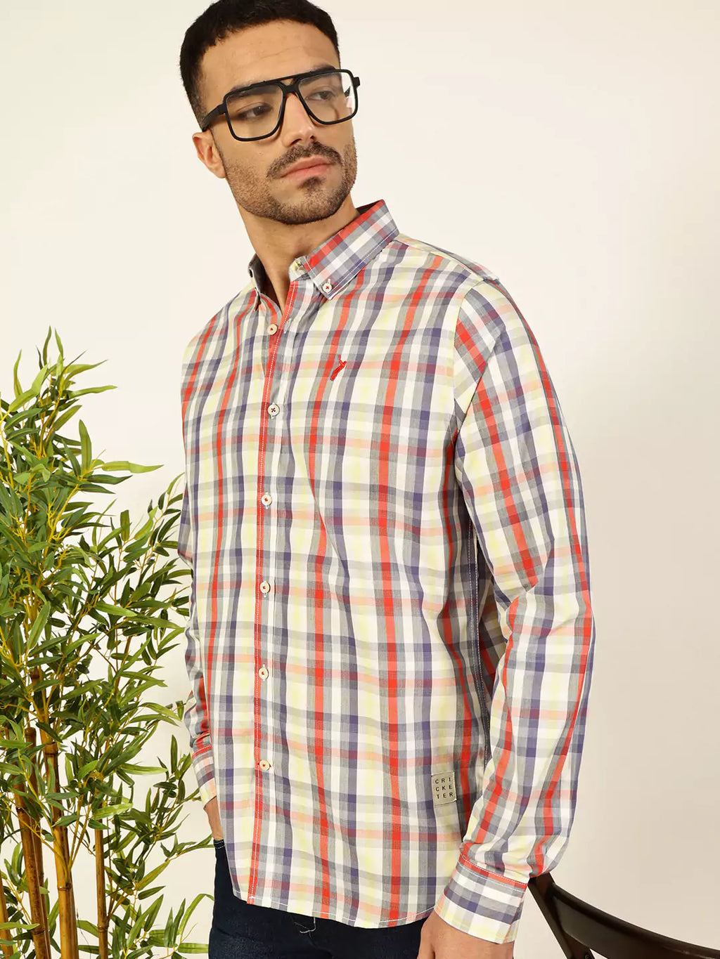 Thomas Scott Men Premium Spread Collar Tartan Checked Cotton Slim Fit Casual Shirt