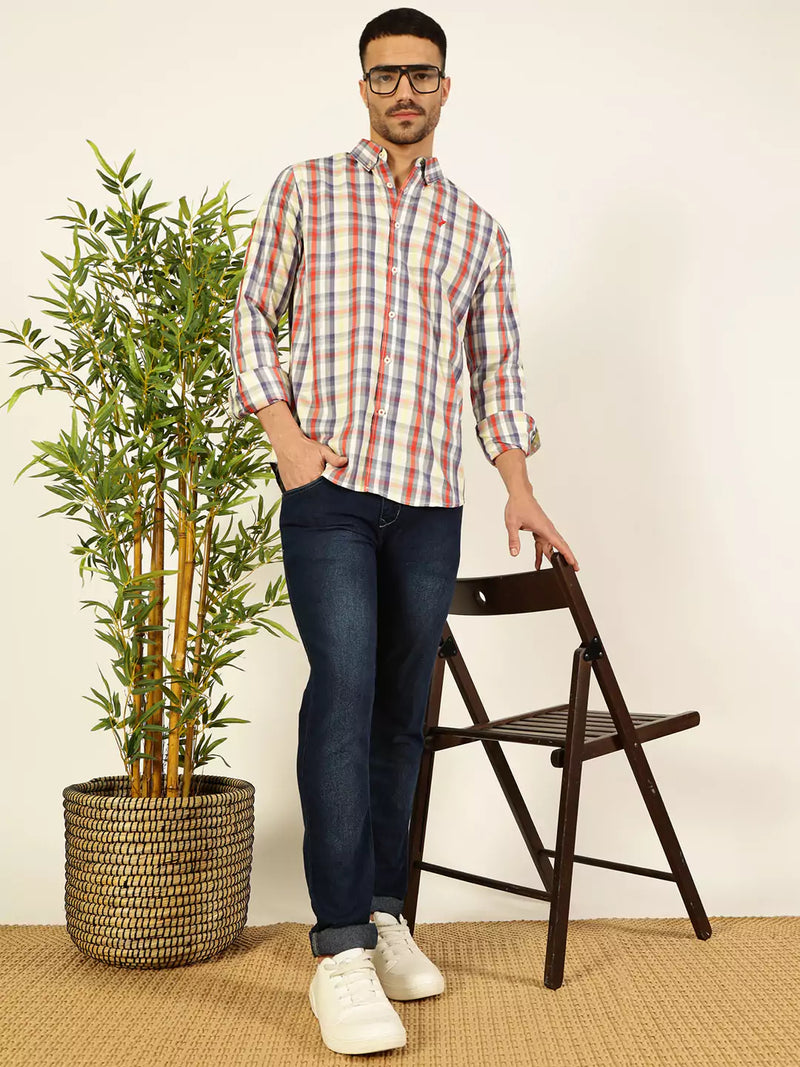 Thomas Scott Men Premium Spread Collar Tartan Checked Cotton Slim Fit Casual Shirt
