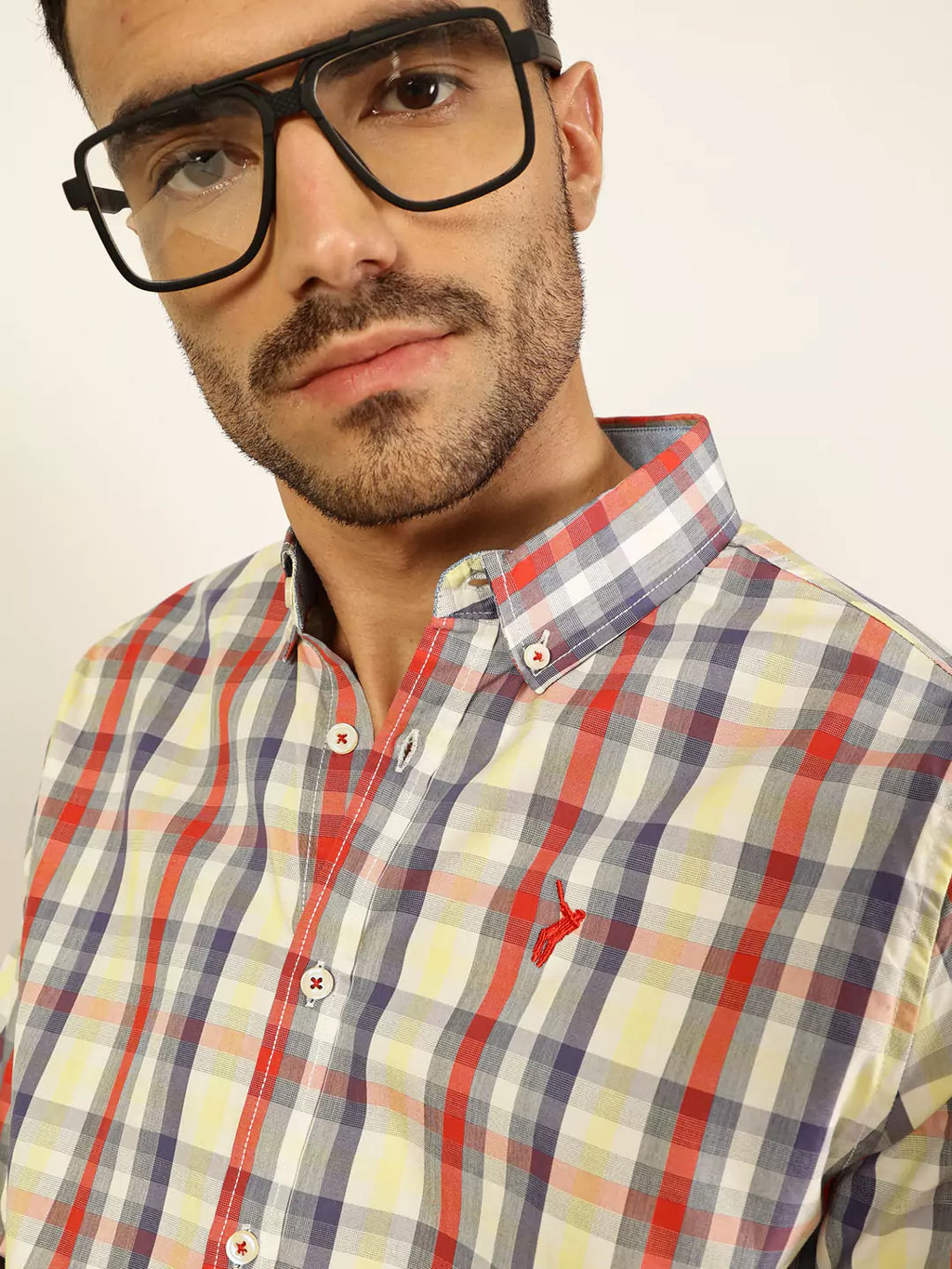Thomas Scott Men Premium Spread Collar Tartan Checked Cotton Slim Fit Casual Shirt