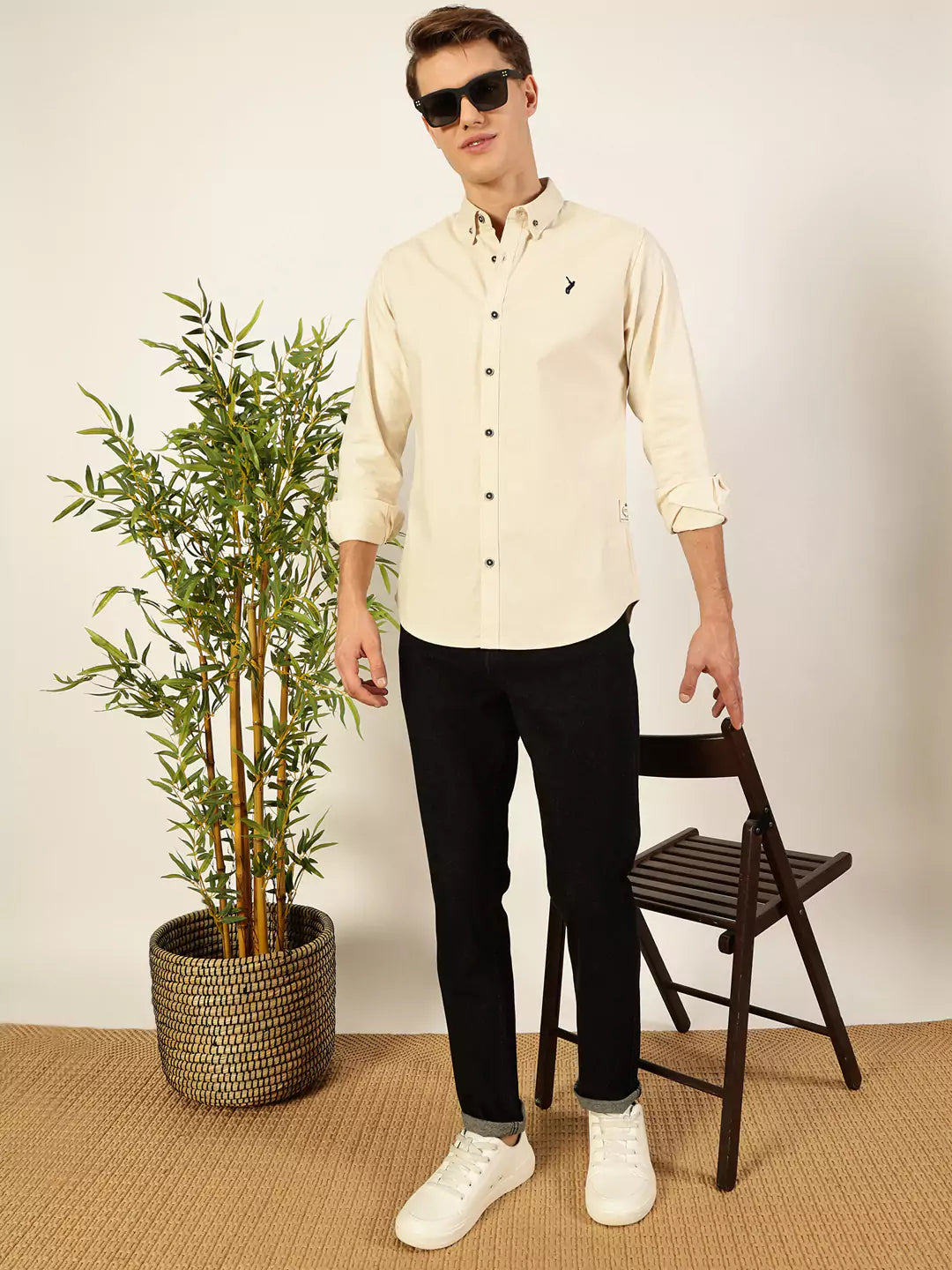 Thomas Scott Men Premium Button-Down Collar Solid Cotton Slim Fit Casual Shirt