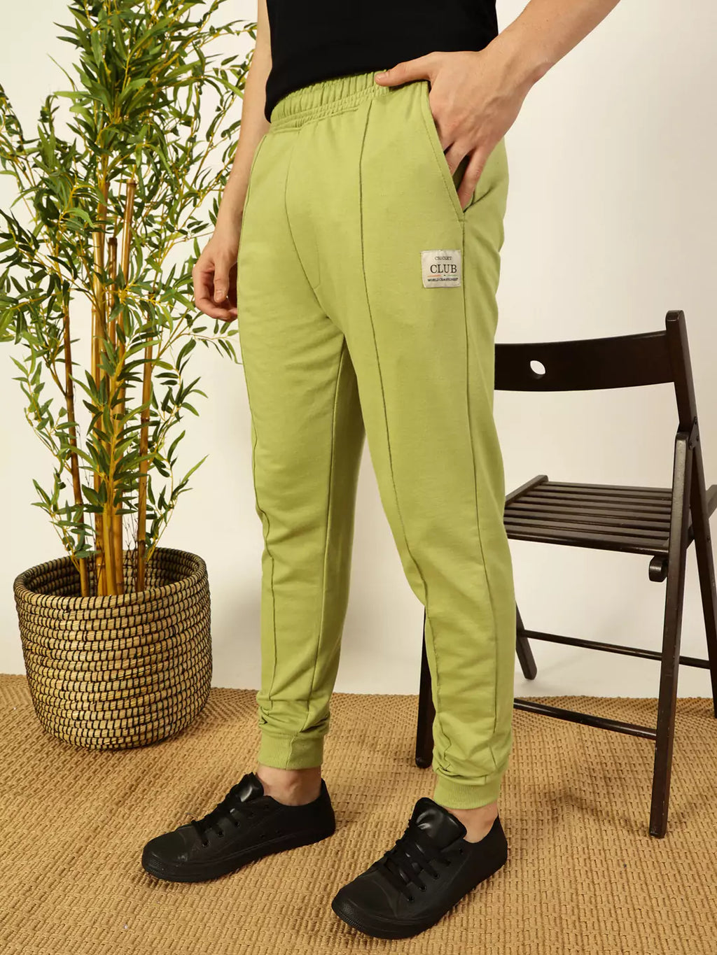 Leaf Green Straight-Fit Mid Rise Solid Joggers For Men