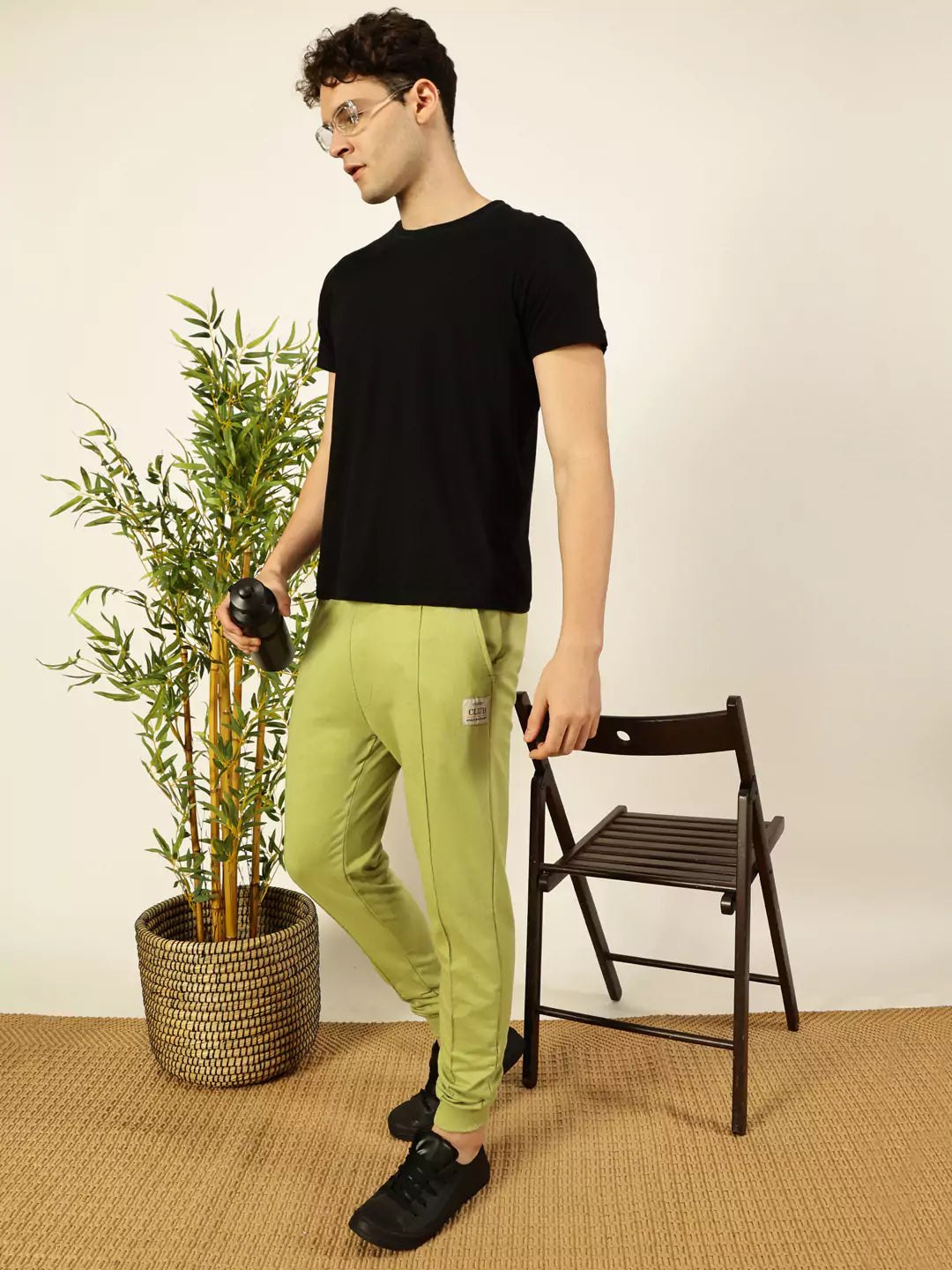 Leaf Green Straight-Fit Mid Rise Solid Joggers For Men