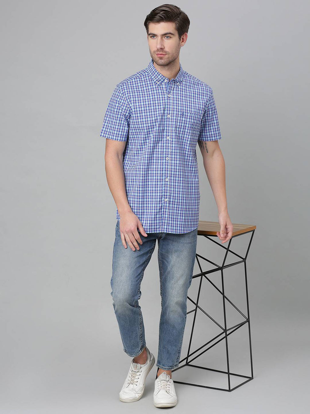 Thomas Scott Men Blue Gingham Checks Checked Casual Sustainable Shirt
