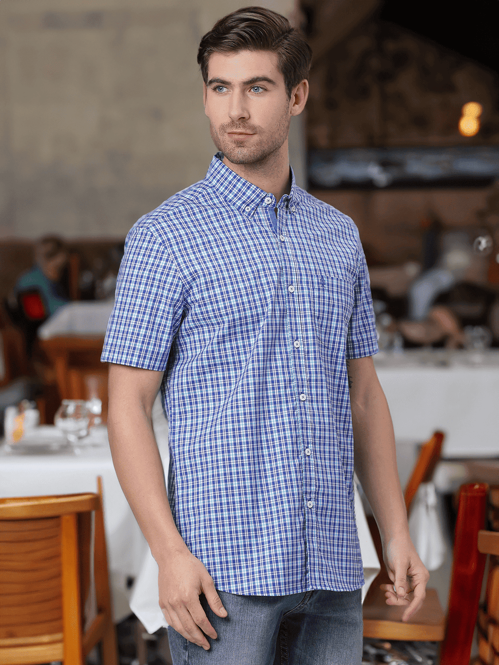 Thomas Scott Men Blue Gingham Checks Checked Casual Sustainable Shirt