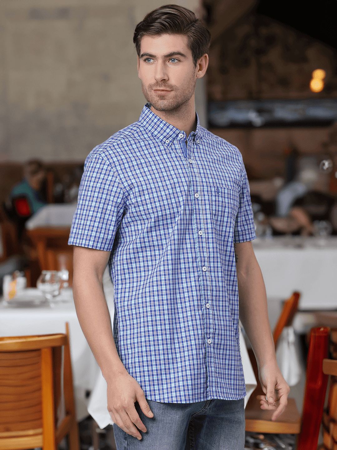 Thomas Scott Men Blue Gingham Checks Checked Casual Sustainable Shirt