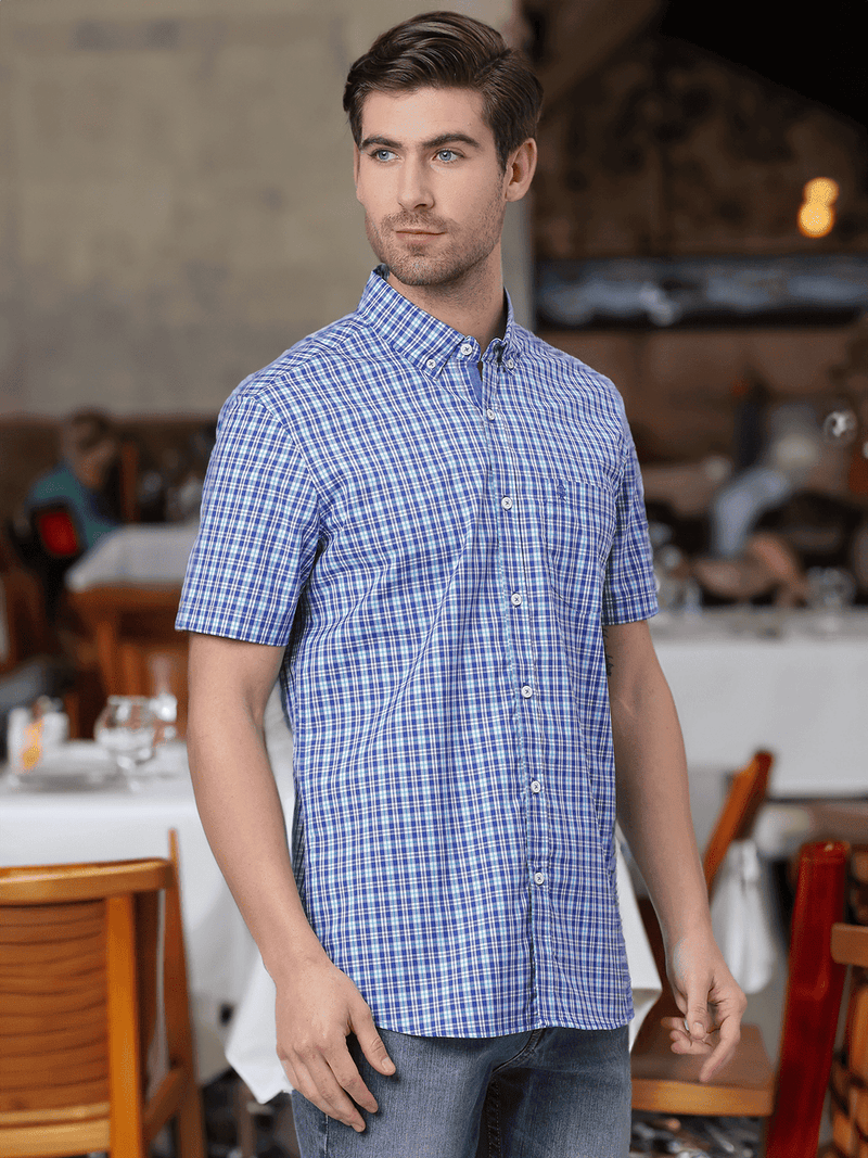 Thomas Scott Men Blue Gingham Checks Checked Casual Sustainable Shirt