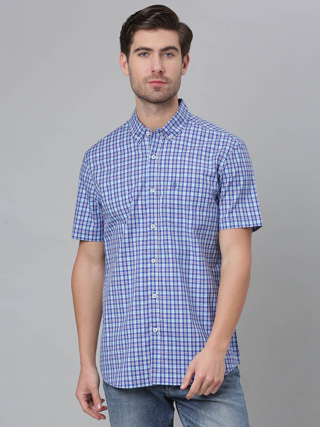 Thomas Scott Men Blue Gingham Checks Checked Casual Sustainable Shirt