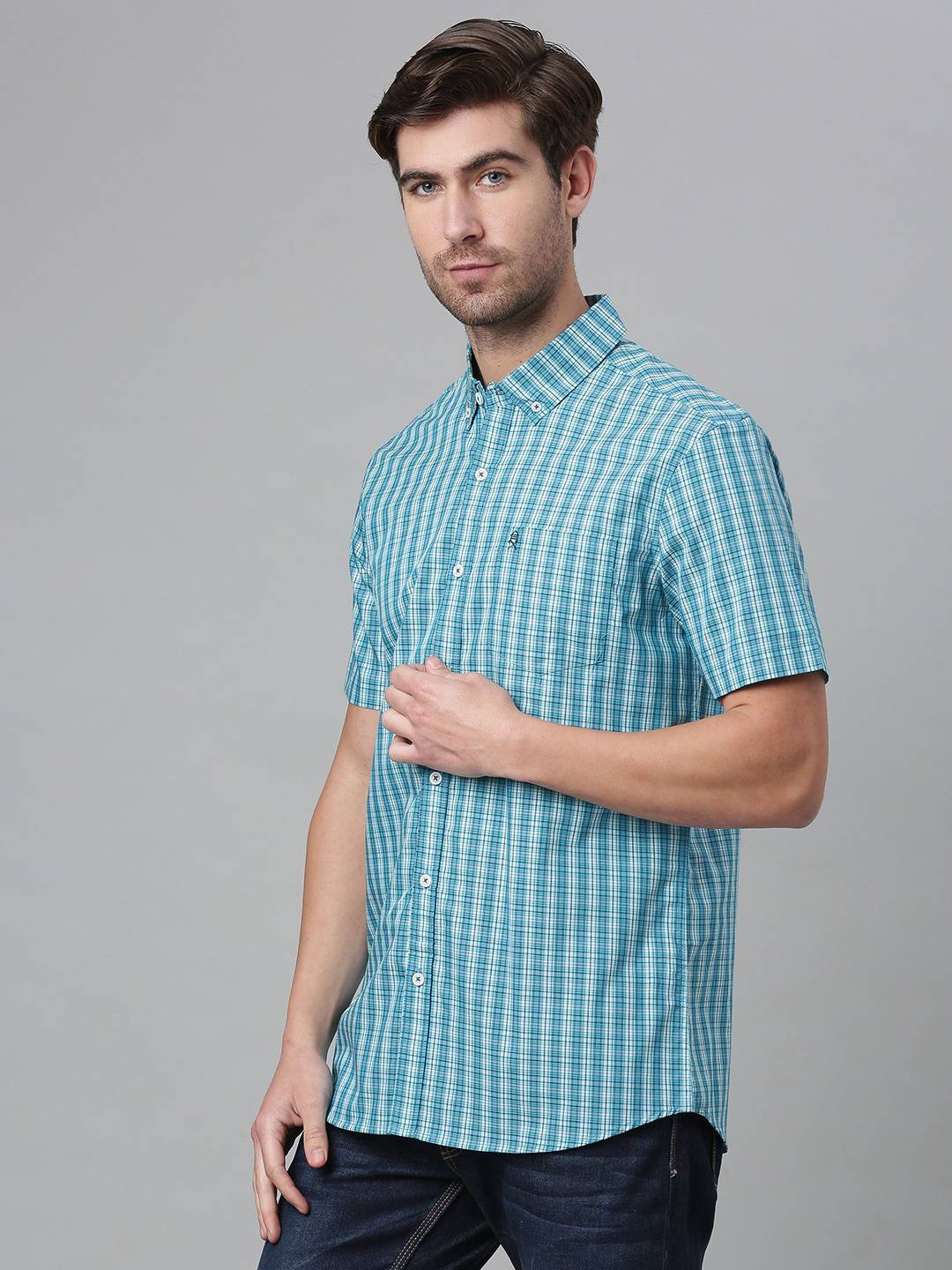 Thomas Scott Men Blue & White Relaxed Gingham Checks Checked Cotton Casual Sustainable Shirt