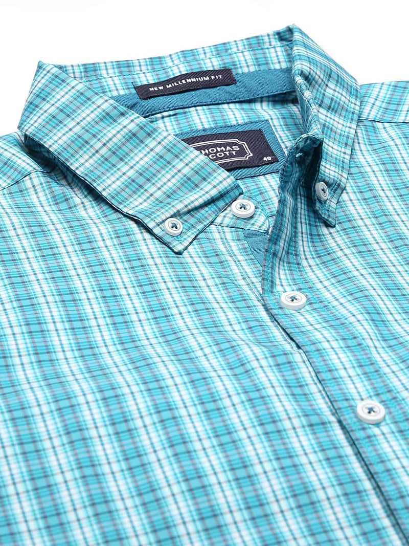 Thomas Scott Men Blue & White Relaxed Gingham Checks Checked Cotton Casual Sustainable Shirt