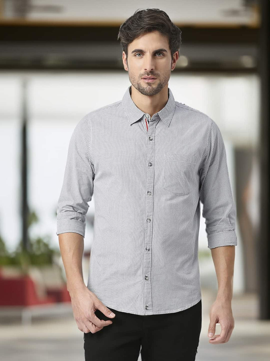 Thomas Scott Men Micro Checks Pure Cotton Slim Fit Casual Shirt