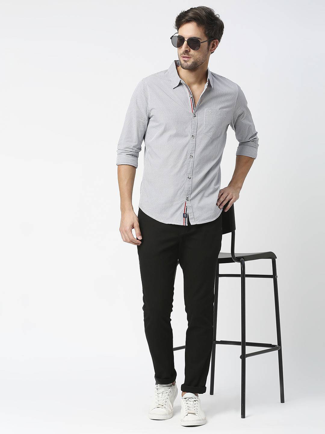 Thomas Scott Men Micro Checks Pure Cotton Slim Fit Casual Shirt