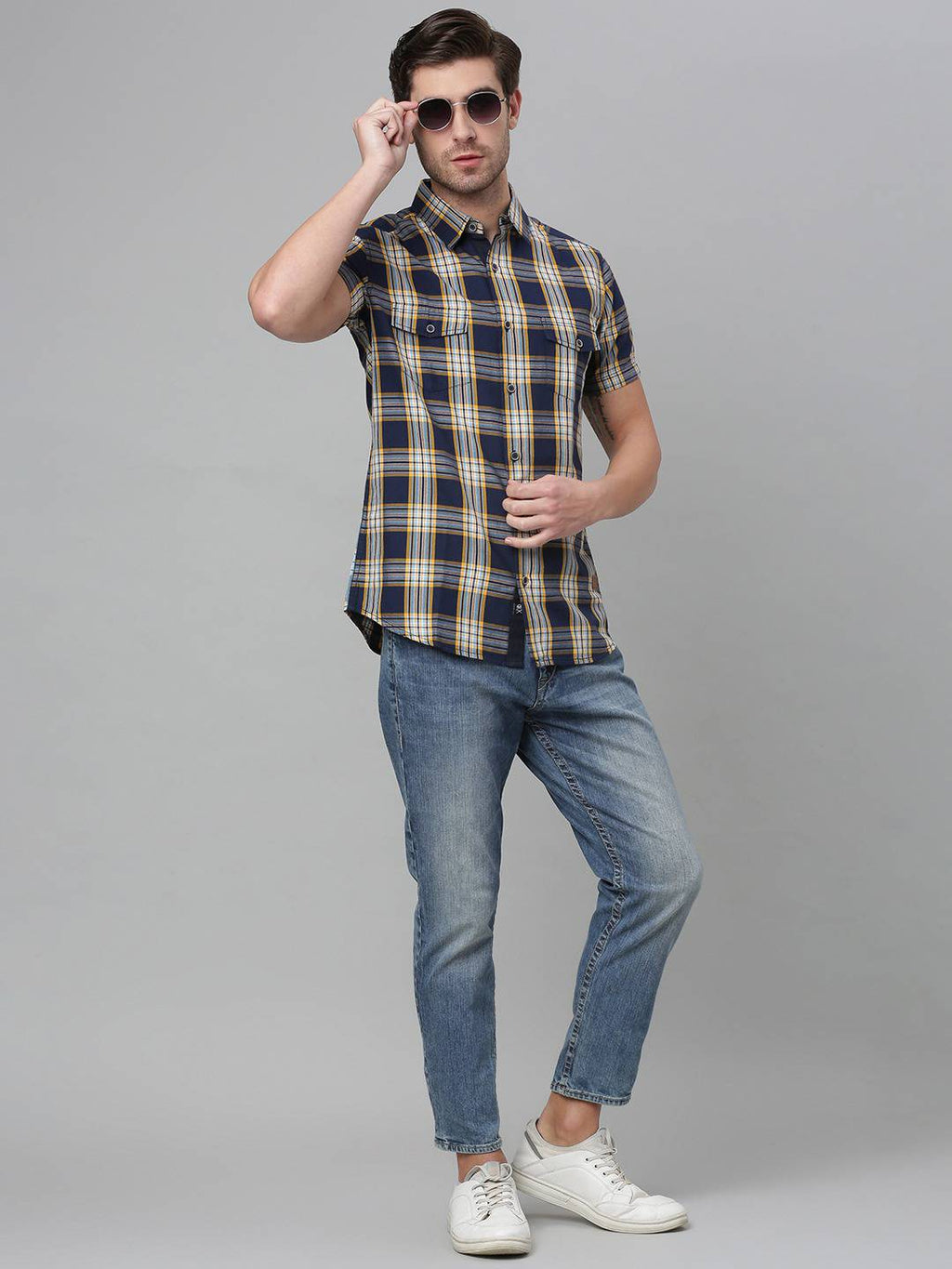Thomas Scott Men Blue Slim Fit Tartan Checks Pure Cotton Casual Sustainable Shirt