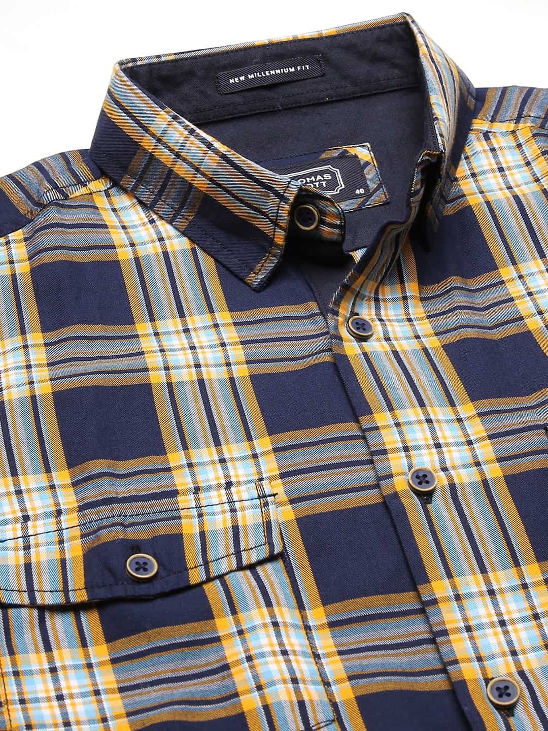 Thomas Scott Men Blue Slim Fit Tartan Checks Pure Cotton Casual Sustainable Shirt