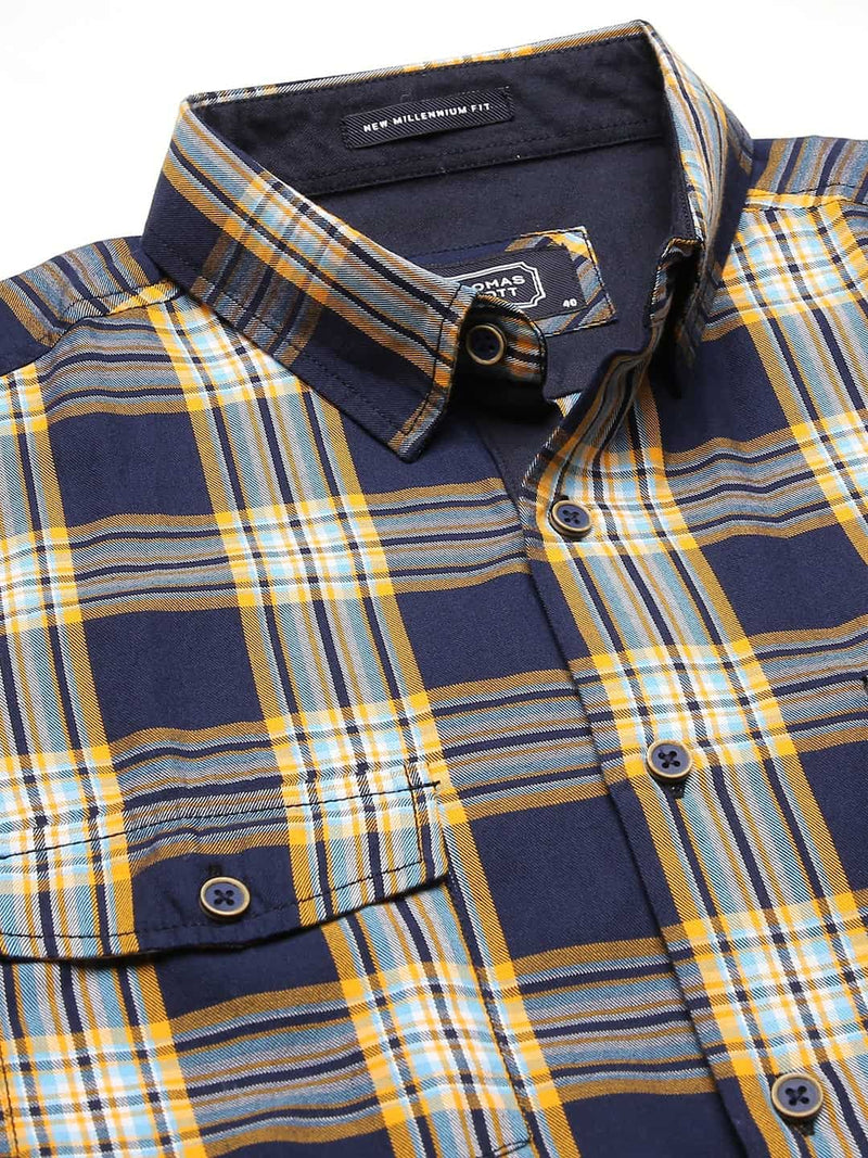 Thomas Scott Men Blue Slim Fit Tartan Checks Pure Cotton Casual Sustainable Shirt