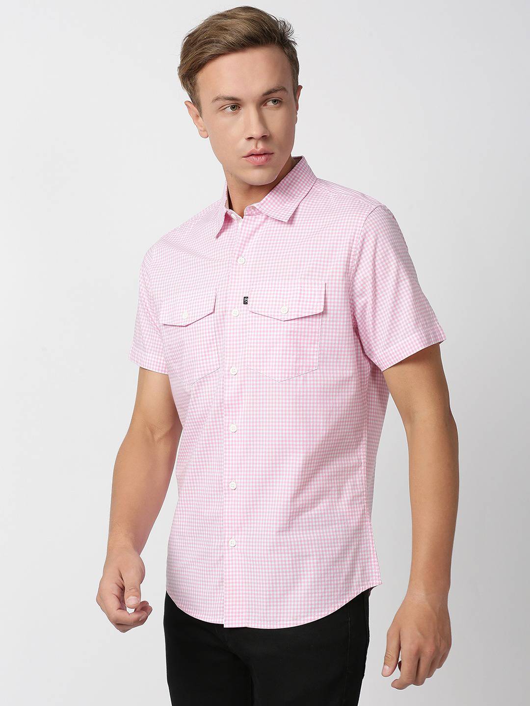 Thomas Scott Men Pink Micro Checks Striped Casual Shirt