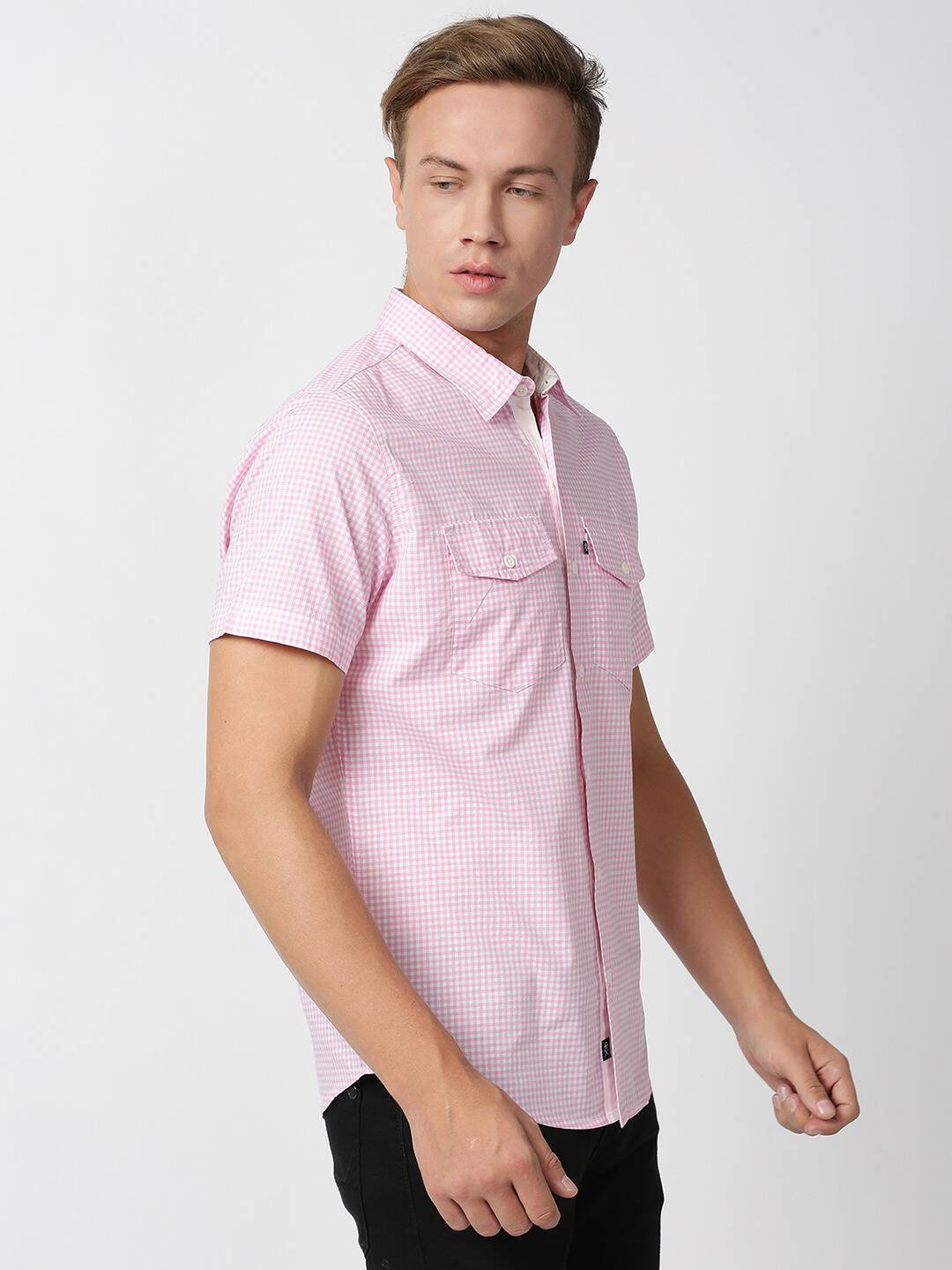 Thomas Scott Men Pink Micro Checks Striped Casual Shirt