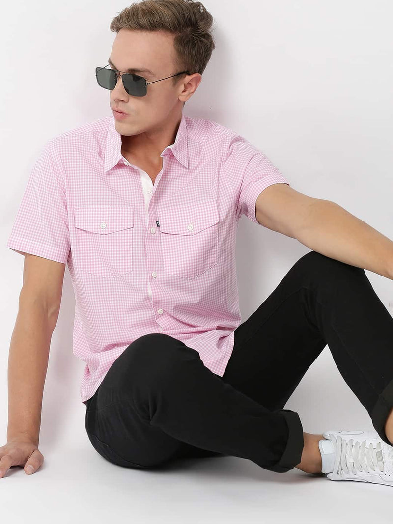 Thomas Scott Men Pink Micro Checks Striped Casual Shirt