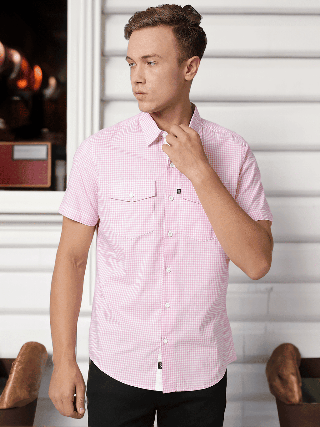 Thomas Scott Men Pink Micro Checks Striped Casual Shirt