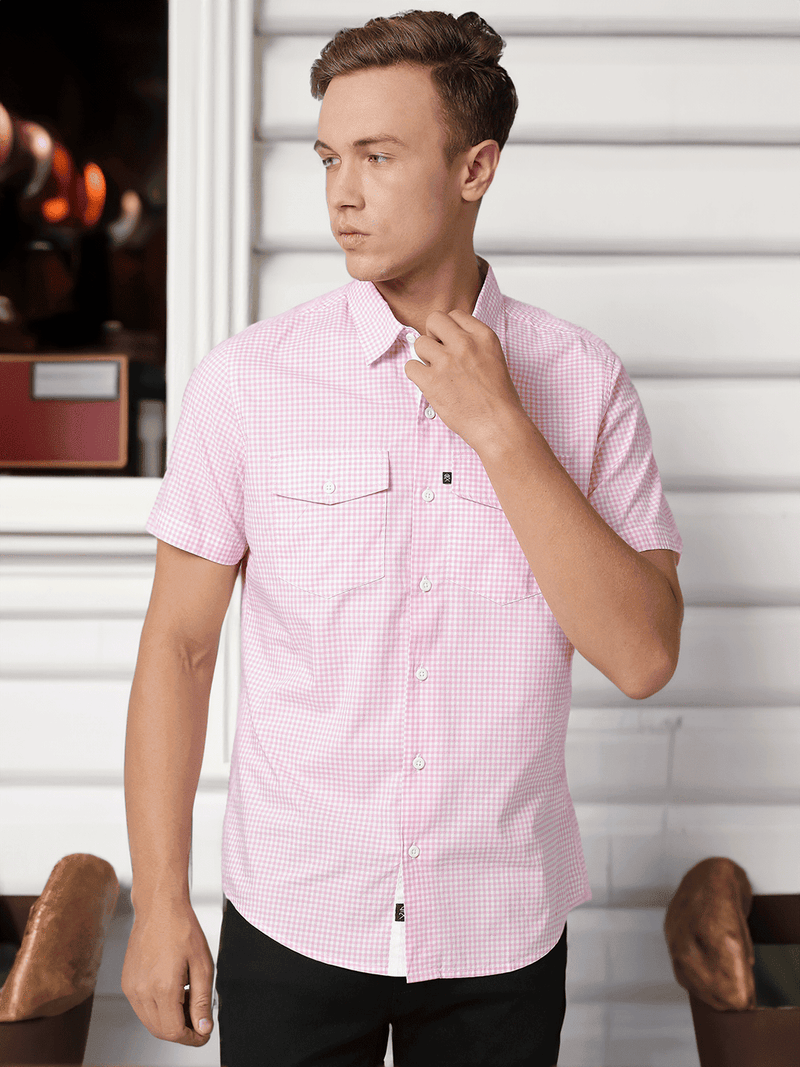 Thomas Scott Men Pink Micro Checks Striped Casual Shirt