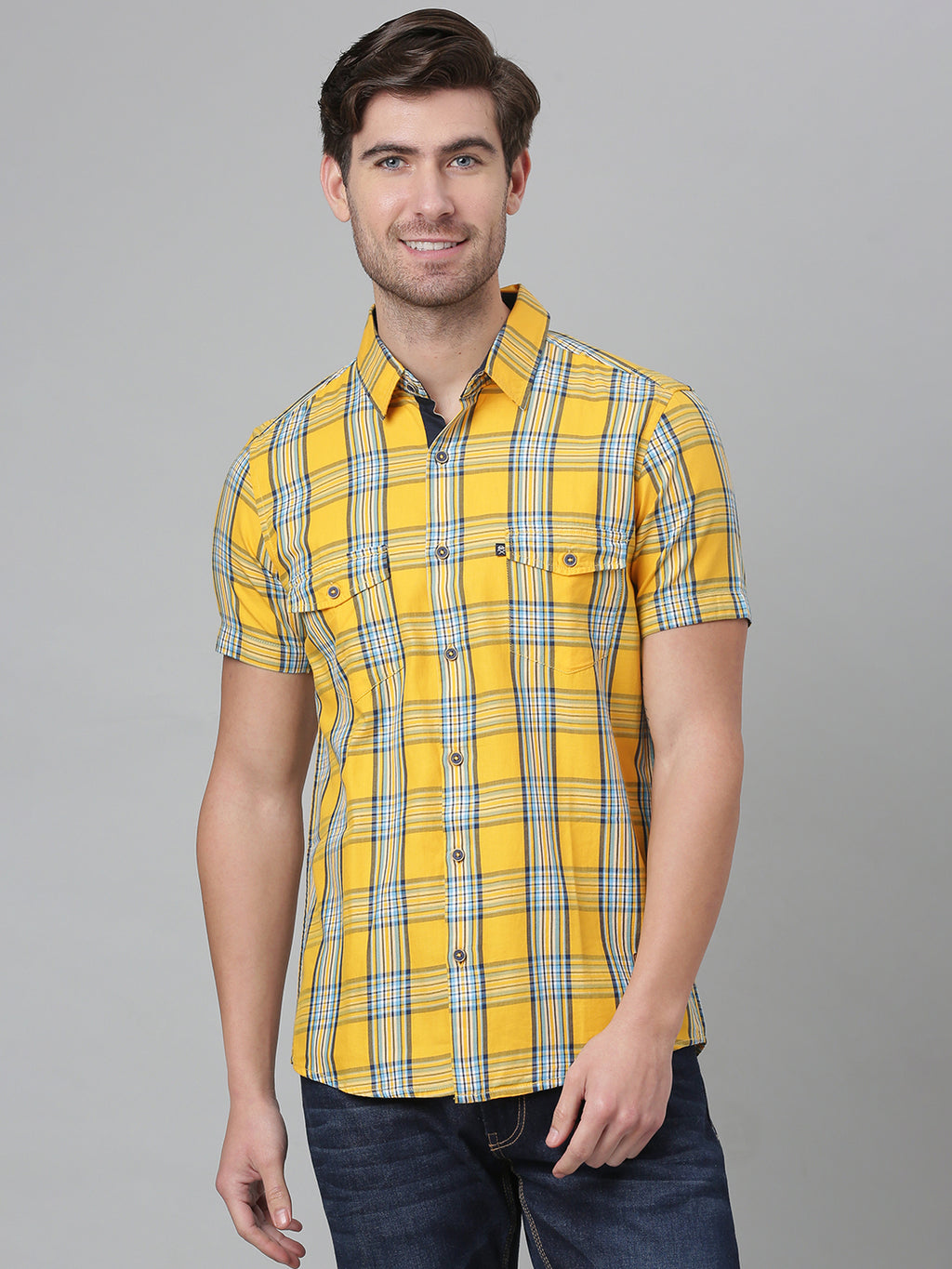 Thomas Scott Men Yellow Slim Fit Checked Cotton Casual Sustainable Shirt