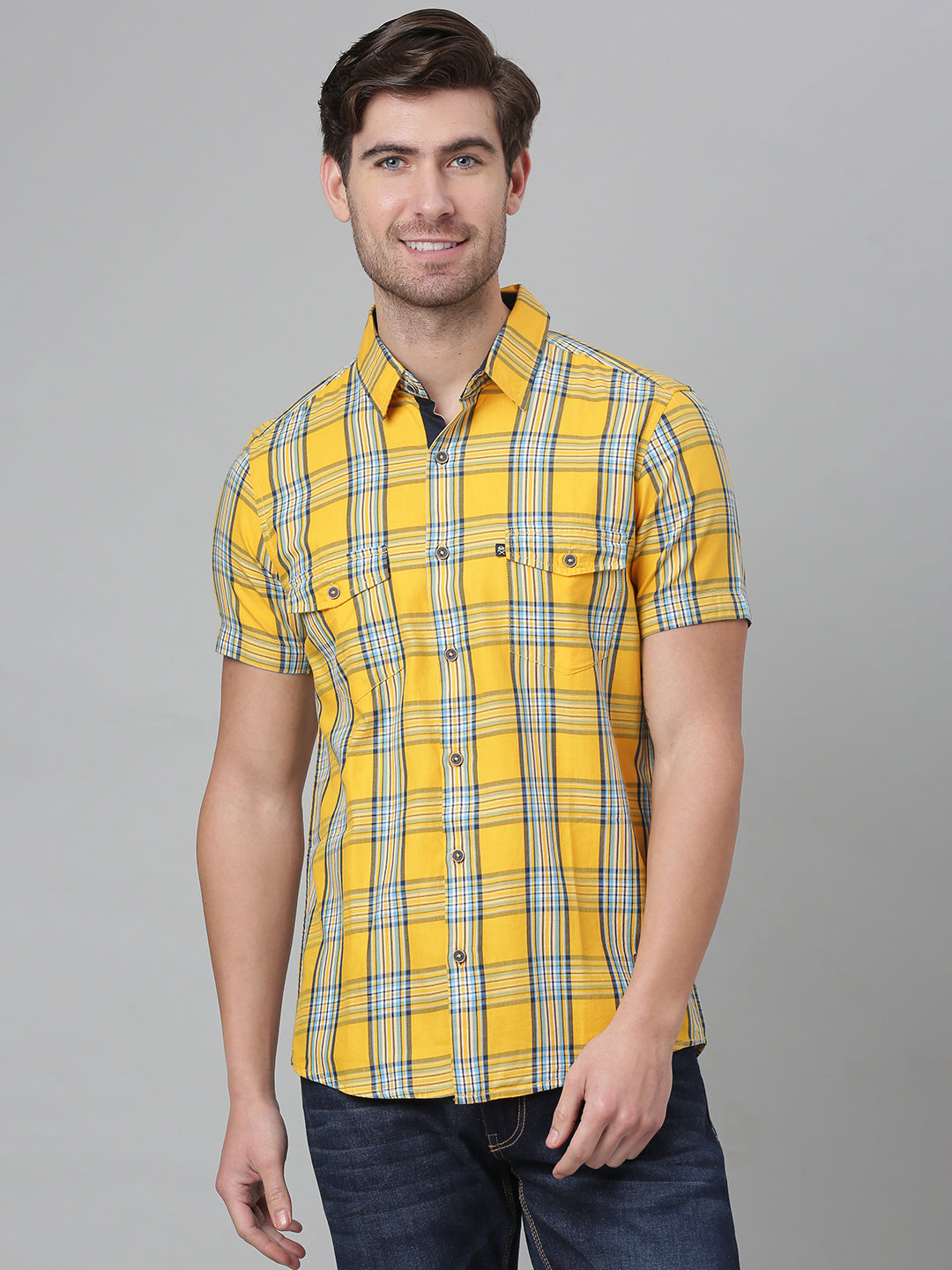 Thomas Scott Men Yellow Slim Fit Checked Cotton Casual Sustainable Shirt