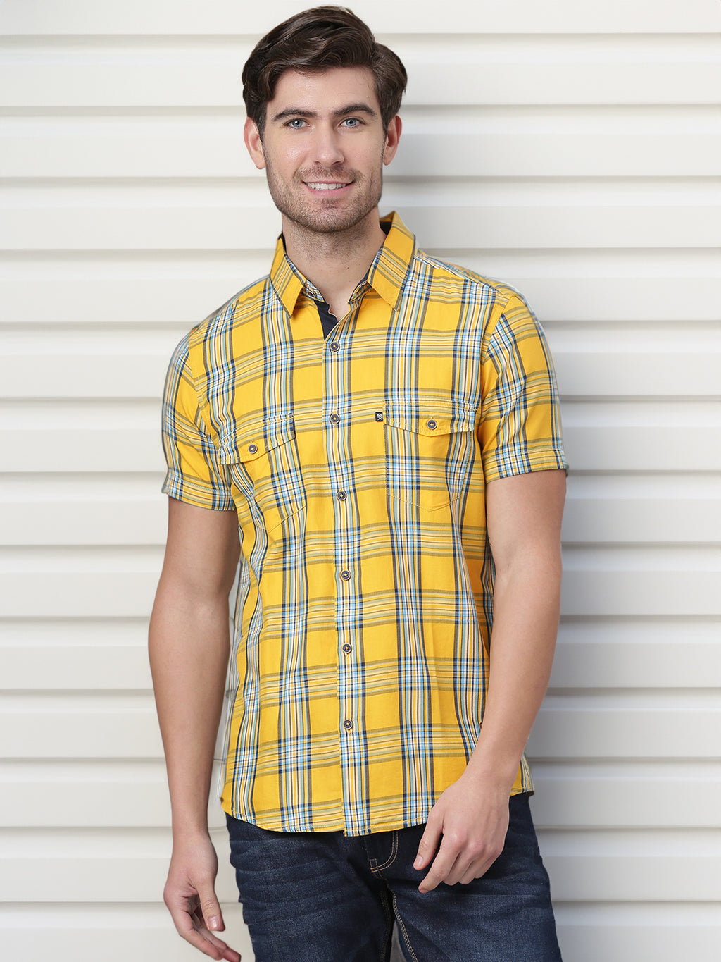Thomas Scott Men Yellow Slim Fit Checked Cotton Casual Sustainable Shirt
