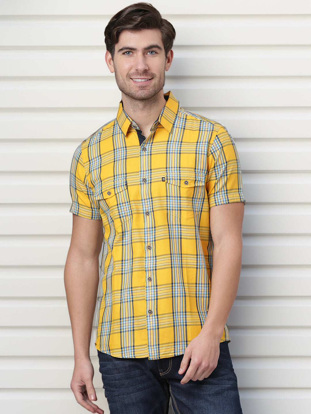 Thomas Scott Men Yellow Slim Fit Checked Cotton Casual Sustainable Shirt