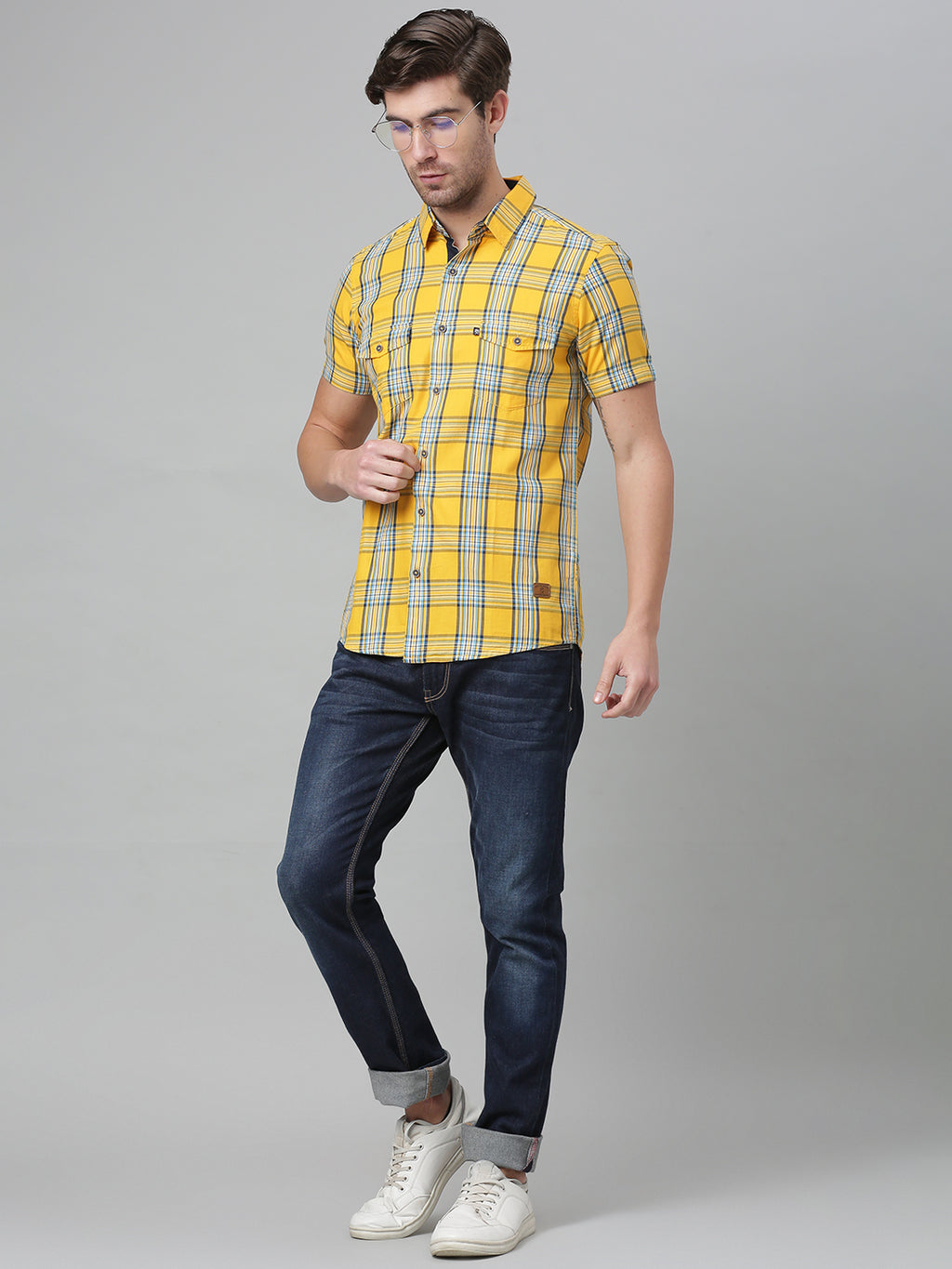 Thomas Scott Men Yellow Slim Fit Checked Cotton Casual Sustainable Shirt