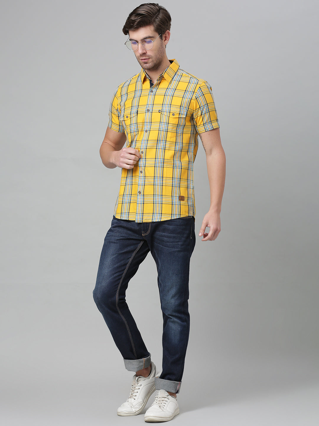 Thomas Scott Men Yellow Slim Fit Checked Cotton Casual Sustainable Shirt
