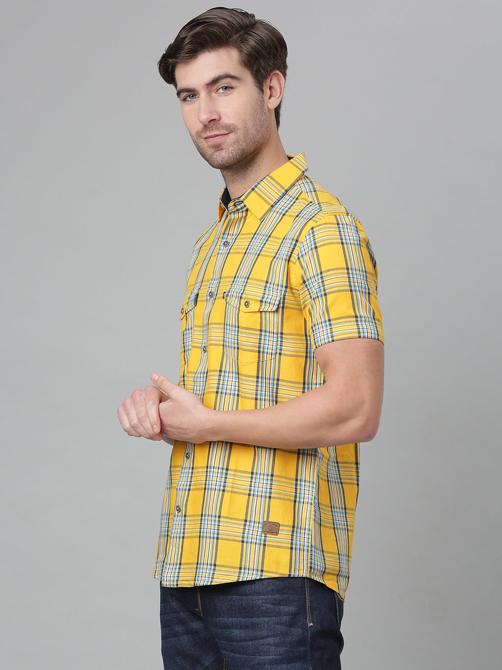 Thomas Scott Men Yellow Slim Fit Checked Cotton Casual Sustainable Shirt