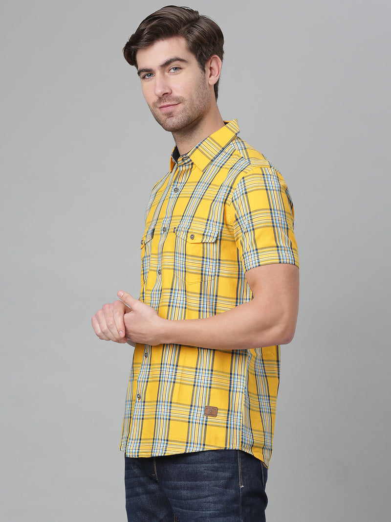 Thomas Scott Men Yellow Slim Fit Checked Cotton Casual Sustainable Shirt
