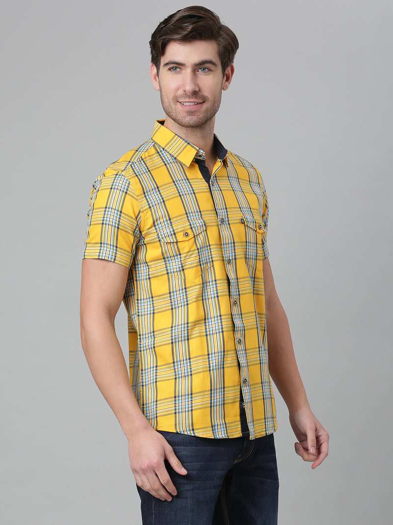 Thomas Scott Men Yellow Slim Fit Checked Cotton Casual Sustainable Shirt