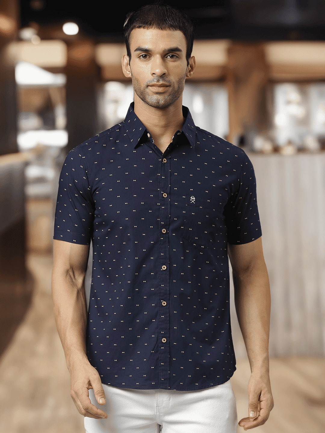 Thomas Scott Men Blue & Yellow Slim Fit Printed Pure Cotton Casual Sustainable Shirt