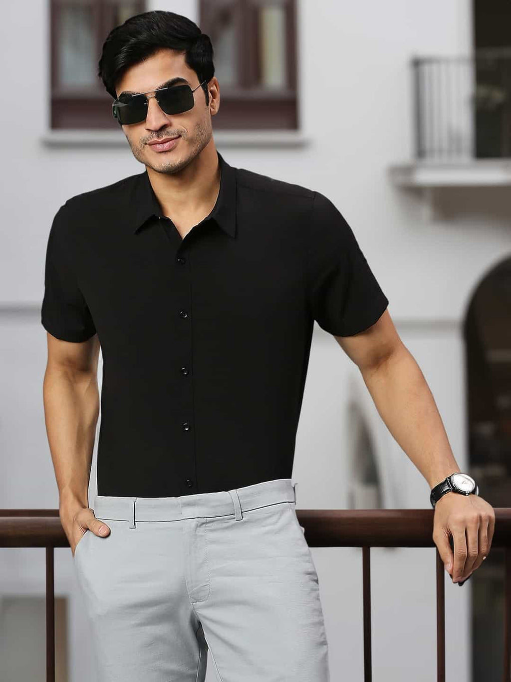 Thomas Scott Men Classic Slim Fit 4 Way Stretch Spread Collar Casual Shirt