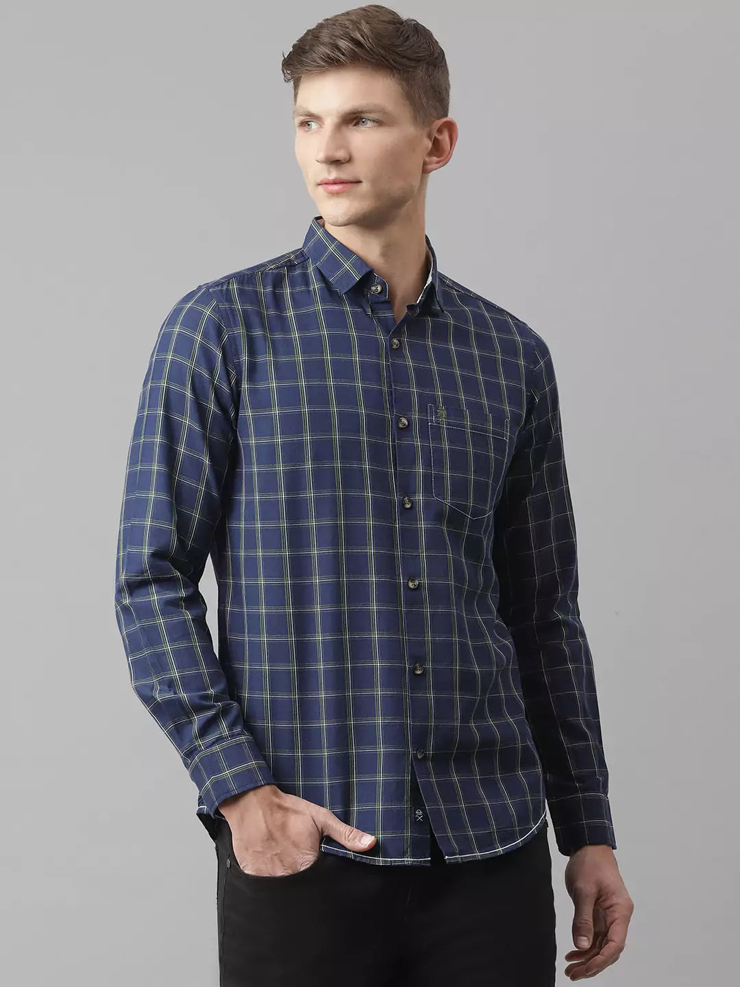 Thomas Scott Men Blue Slim Fit Cotton Checked Casual Sustainable Shirt