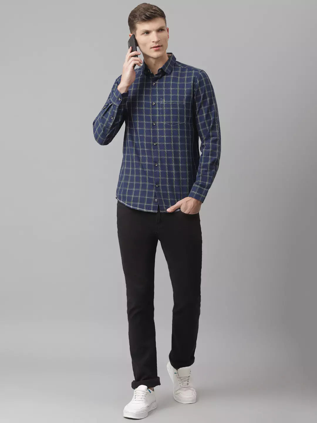 Thomas Scott Men Blue Slim Fit Cotton Checked Casual Sustainable Shirt