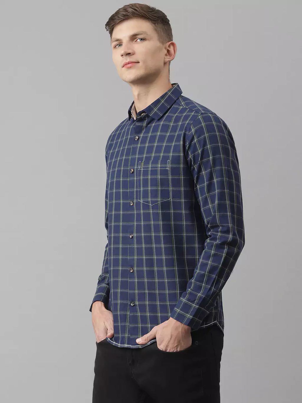 Thomas Scott Men Blue Slim Fit Cotton Checked Casual Sustainable Shirt